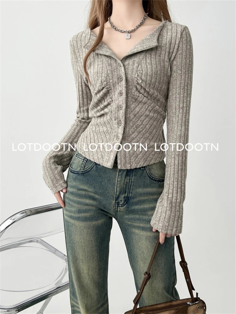 LOTDOO Autumn Womens Lace Button Front Collar Long Sleeve Korean Y2k Style Ultra Thin Knitted T-Shirt 241111