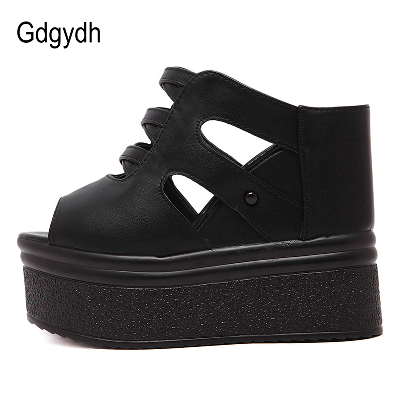 Women's Open Toe Platform Mules Sandals Wedges Shoes For Women American High Heels Hollow Out Black Vegan Leather Backless