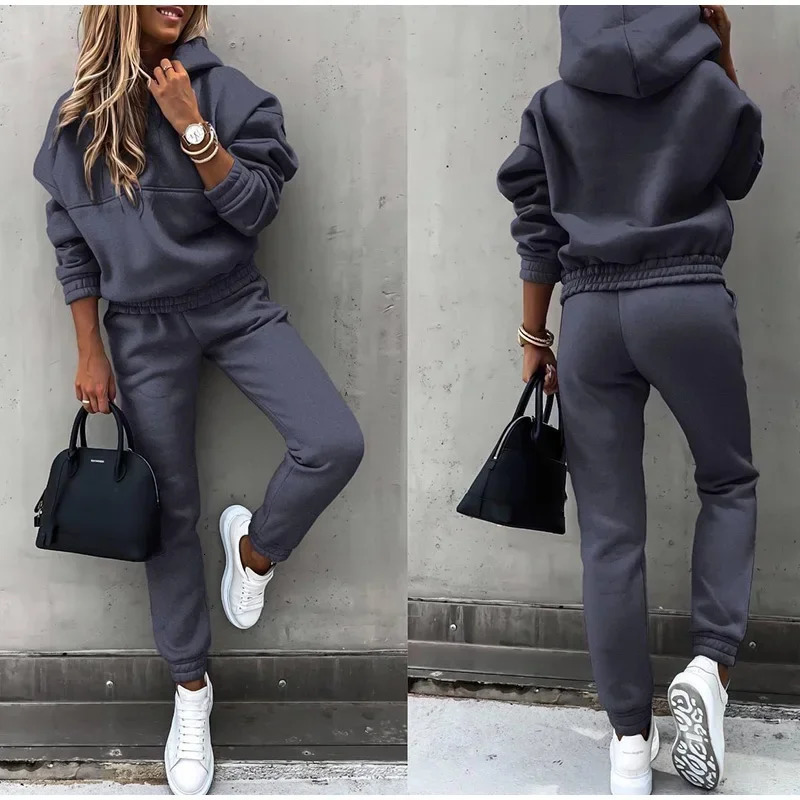 Hoodies Suit Autumn Winter Solid Casual Tracksuit Women Fleece 2 Pieces Set Sports Sweatshirts Pullover Home Sweatpants Outfits 241111