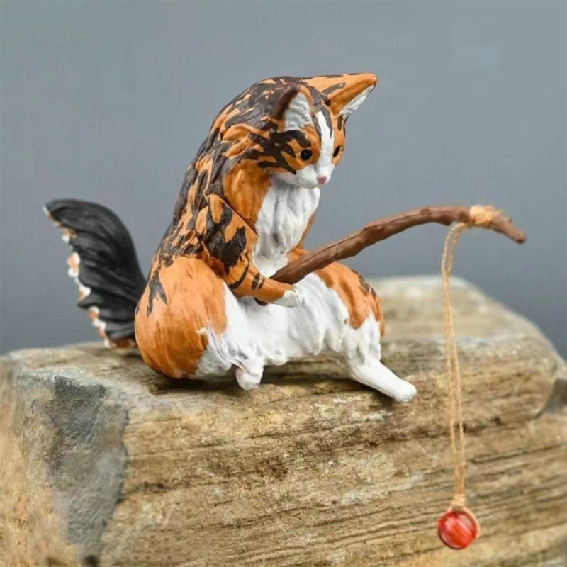 Fishing Cat Ornaments Aquarium Decoration Fish Tank Landscaping Cartoon Cat Statue Mini Resin Figurine Home Decorations