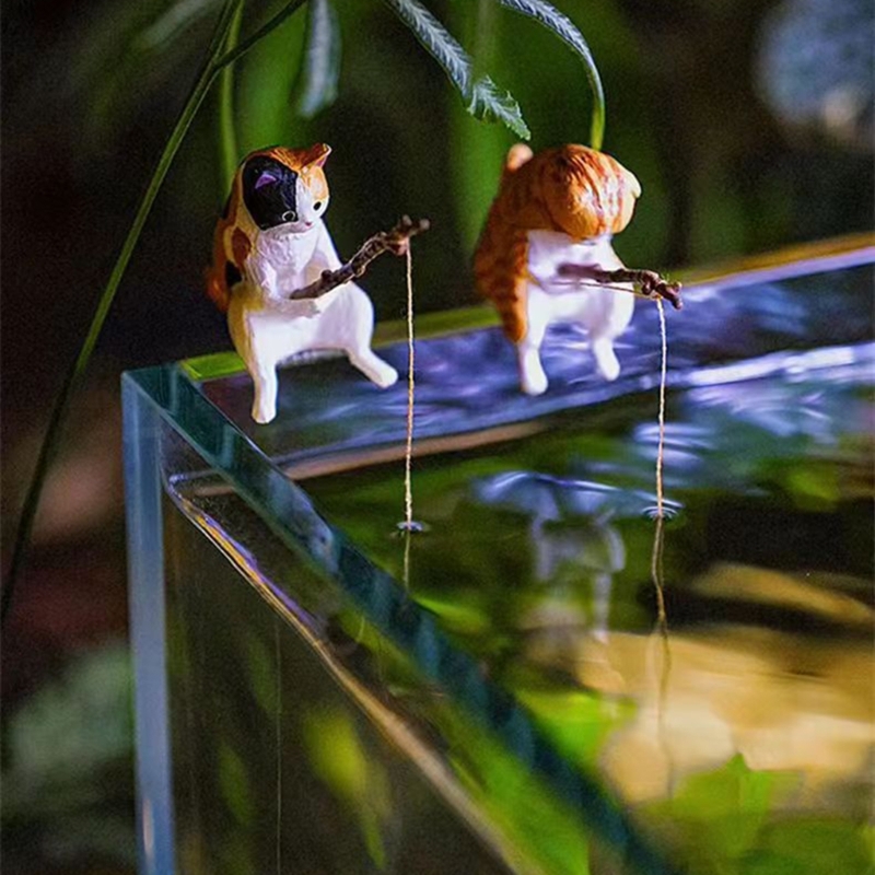 Fishing Cat Ornaments Aquarium Decoration Fish Tank Landscaping Cartoon Cat Statue Mini Resin Figurine Home Decorations