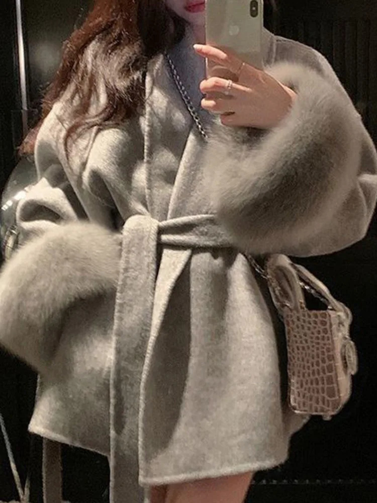 UCXQ Elegant OL Office Womens Coat Fur Patch Work Long Sleeve Wool Coat Beautiful Womens Clothing Jacket Autumn 2024 Spring 241111
