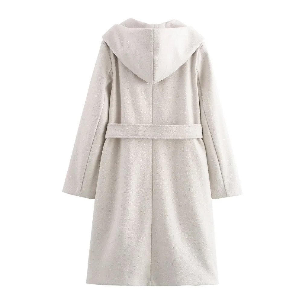 TRAF Autumn Womens Fashion Warm Coat with Belt and Hood Soft and Casual Windproof Wool Coat 241111