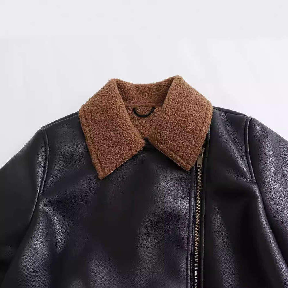shanshi leather jacket women Women's Autumn New Collection Flip Collar Short and Velvet Motorcycle Leather Jacket