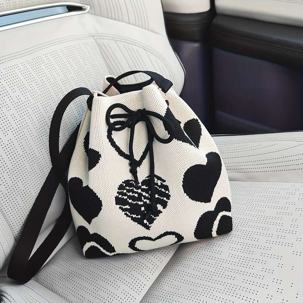 Fashion Mini Classic Heart Pattern Bucket Drawstring Shoulder Bag, Casual All-Match Handbag .