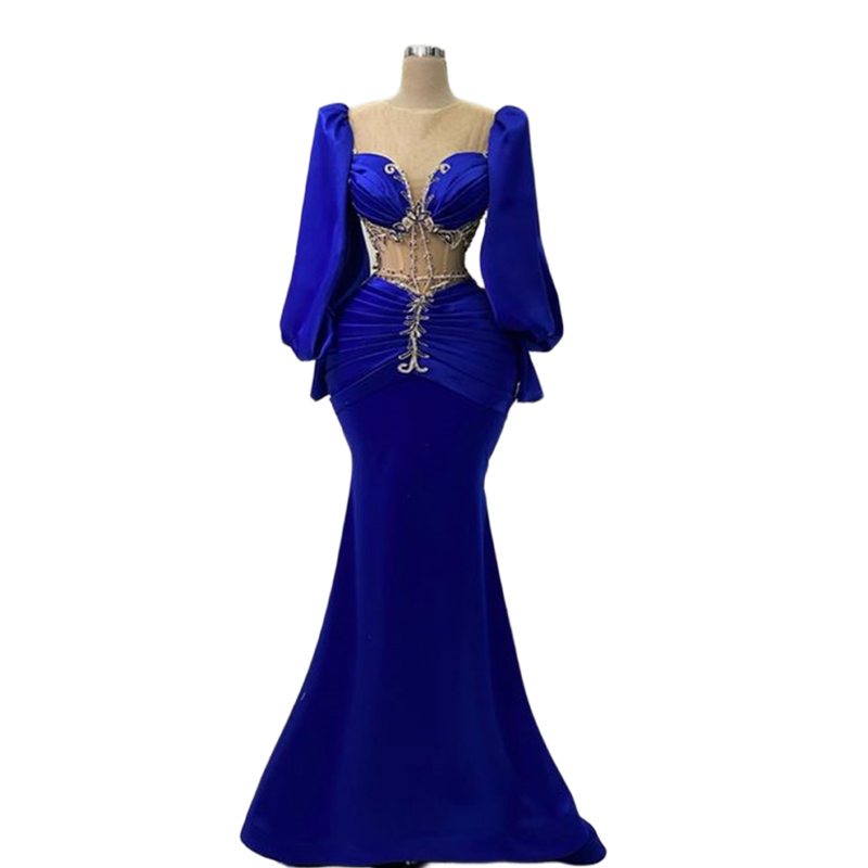 Sexy Illusion Mermaid Prom Dresses Beaded Pleats Royal Blue Long Sleeves Evening Gown for Women Sheer Neck Charming Special Occasion Dress 2024