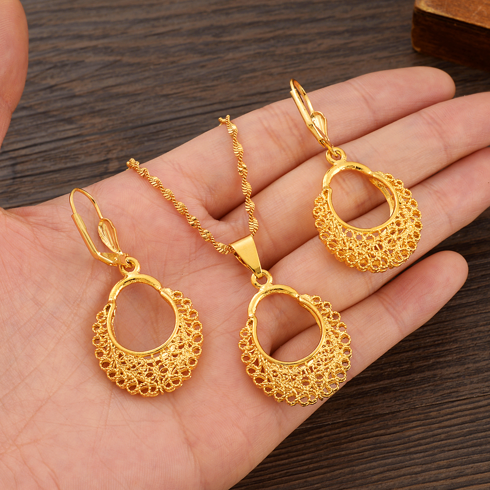 24k Gold Plated Africa dubai India Cute Necklace pendant Earrings wedding Birthday Party Jewelry Sets For Women Girl Gifts