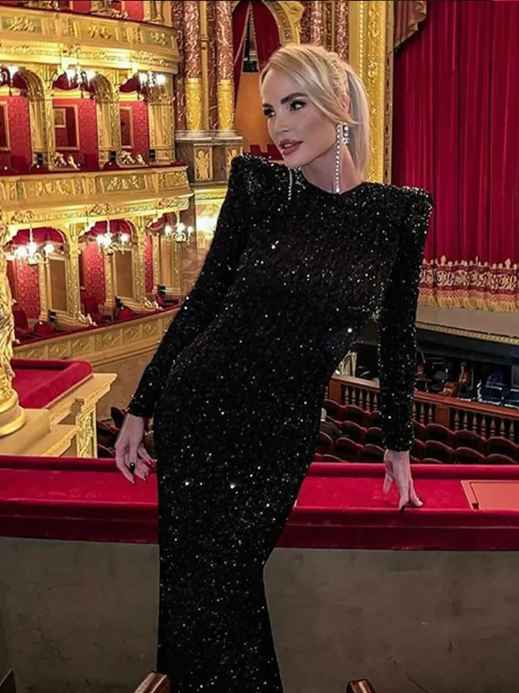 Chic Black Shiny Sequins Maxi Dress Women O Neck Long Sleeve Party Gowns Female Autumn Elegant Evening Event Veatisos 241111