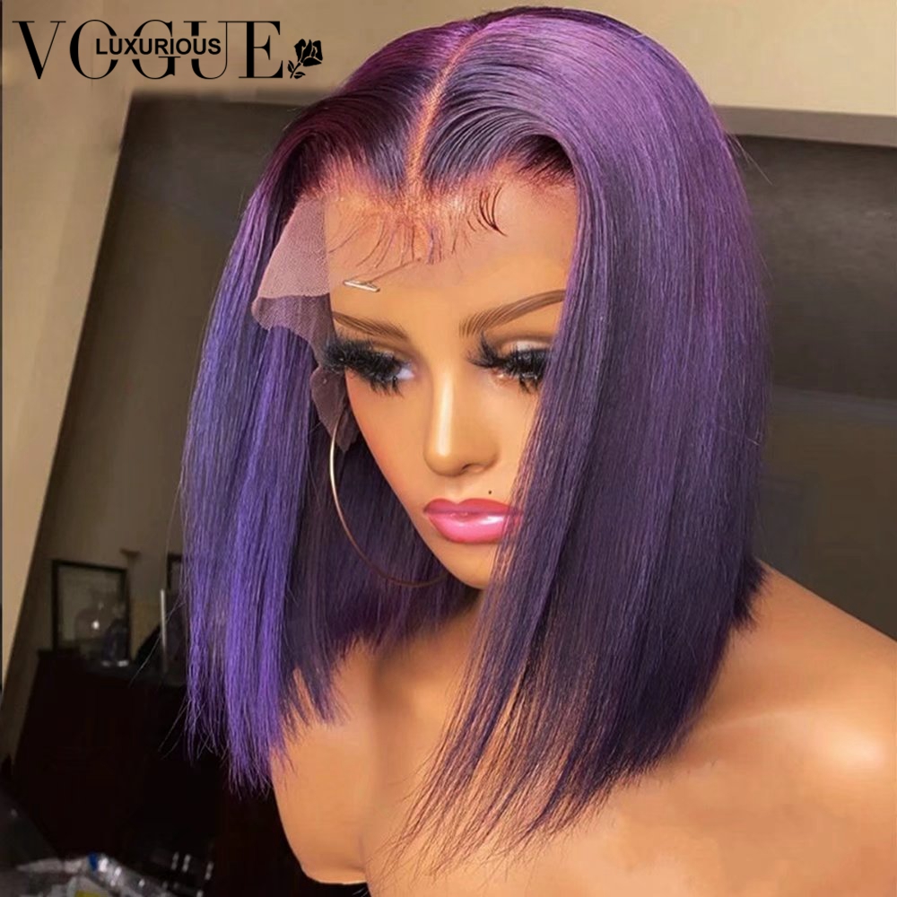 Dark Purple Straight Bob Human Hair Wigs for Women 13x4 Transparent Lace Frontal Deep Wave Wig Natural Hairline Curly Short Bob