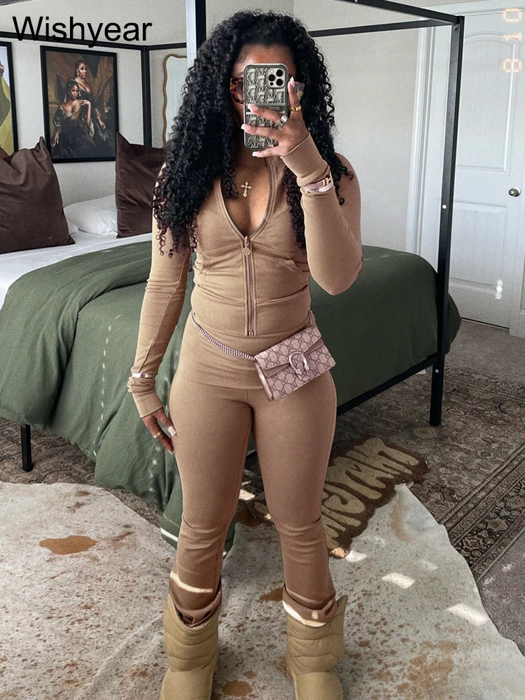 Autumn Orange 2 Piece Pants Women Matching Sets Zip Pocket Crop Tops and Leggings Jogger Trousers Sports Fitness Street OutfIts 241111