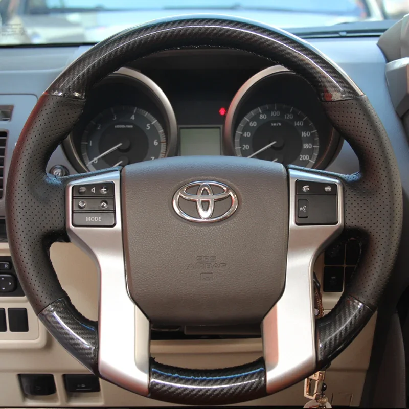 for Toyota Land Cruiser Prado 2010-2017 Hand-stitched non-slip black genuine leather peach wood grain car steering wheel cover