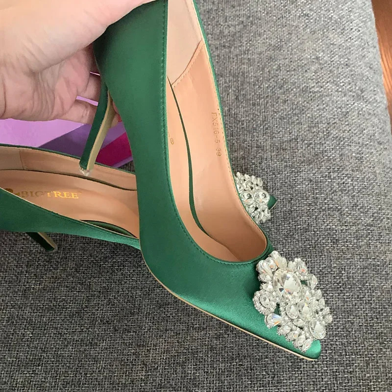 Women 10cm High Heels Sexy Rhie Green Pink Gray Pointed Toe Pumps Lady Silk Satin Escarpins Elegant Wedding Evening Shoes 241111