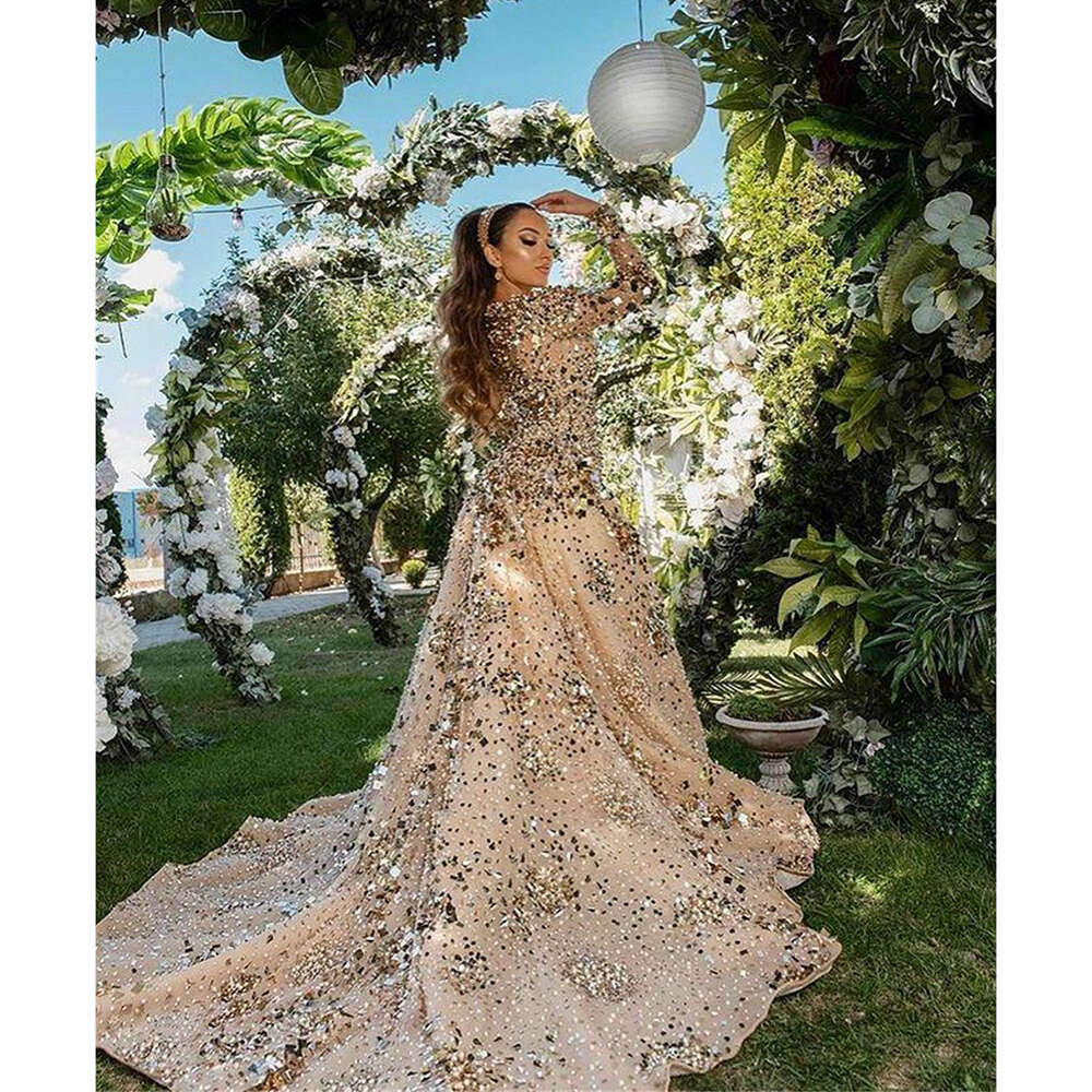Exquisite Women Mermaid Wedding V-neck Long Sleeves Pearls Sequined Gowns Elegant Beading Court Train Bride Dress