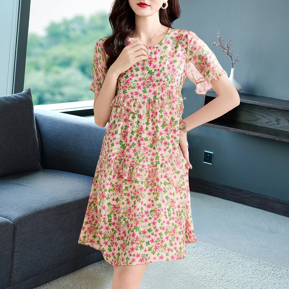 Oc412N75 Customization Top Skirt Silk Women's Autumn Dress High Quality Printed Slim Fit Silkworm Multi Color Loose Waist for Daily Commuting Cas