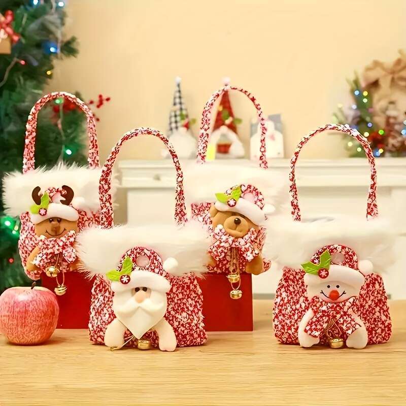 Christmas A set of 4 Christmas-themed plush bags with handles, candy apple Christmas Eve gift bags, Santa Claus, reindeer, bear and snowman themes, su