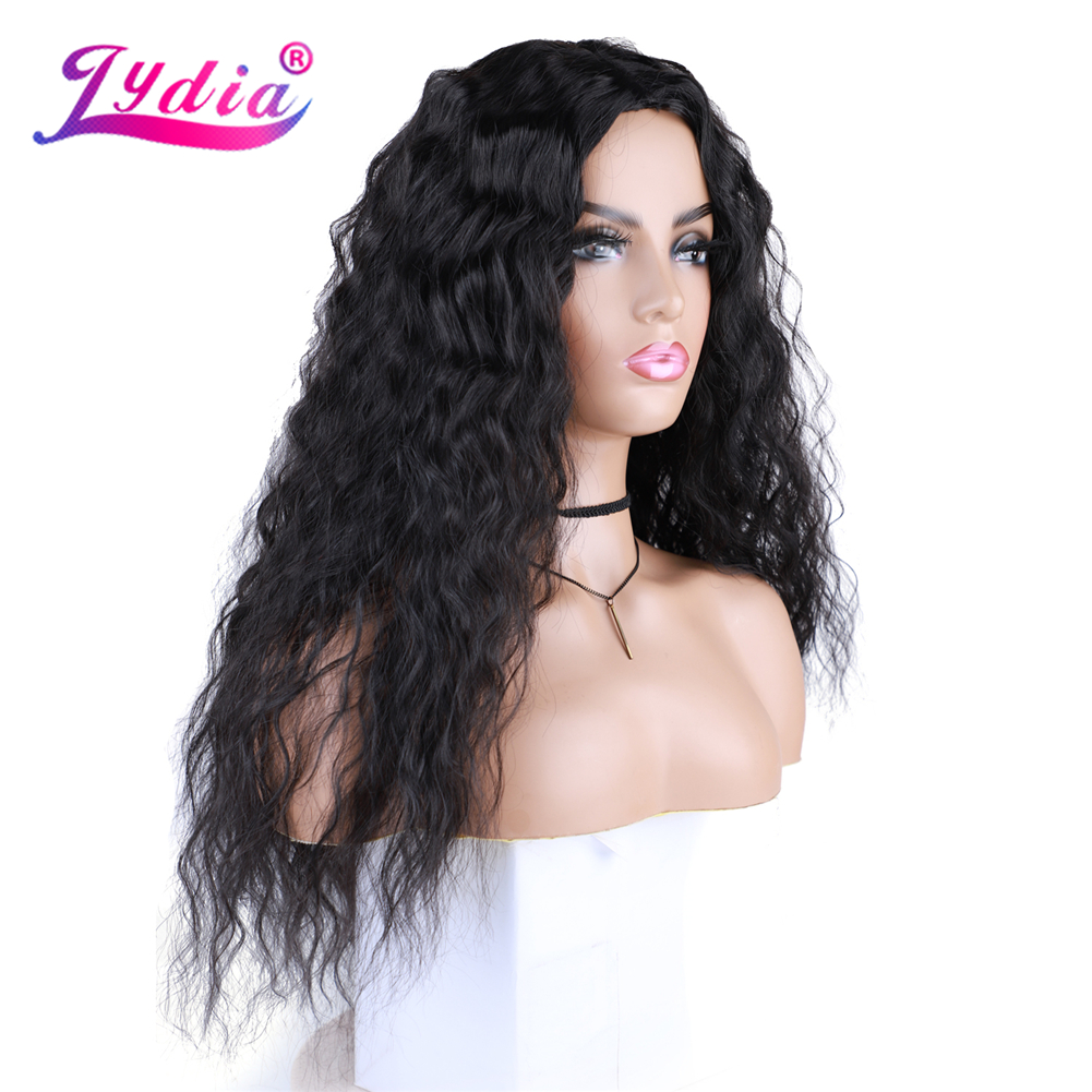 Lydia Long Kinky Curly Synthetic Hair Skin Topper Wig For African American Women Water Wavy Black 20Inch High Temperature