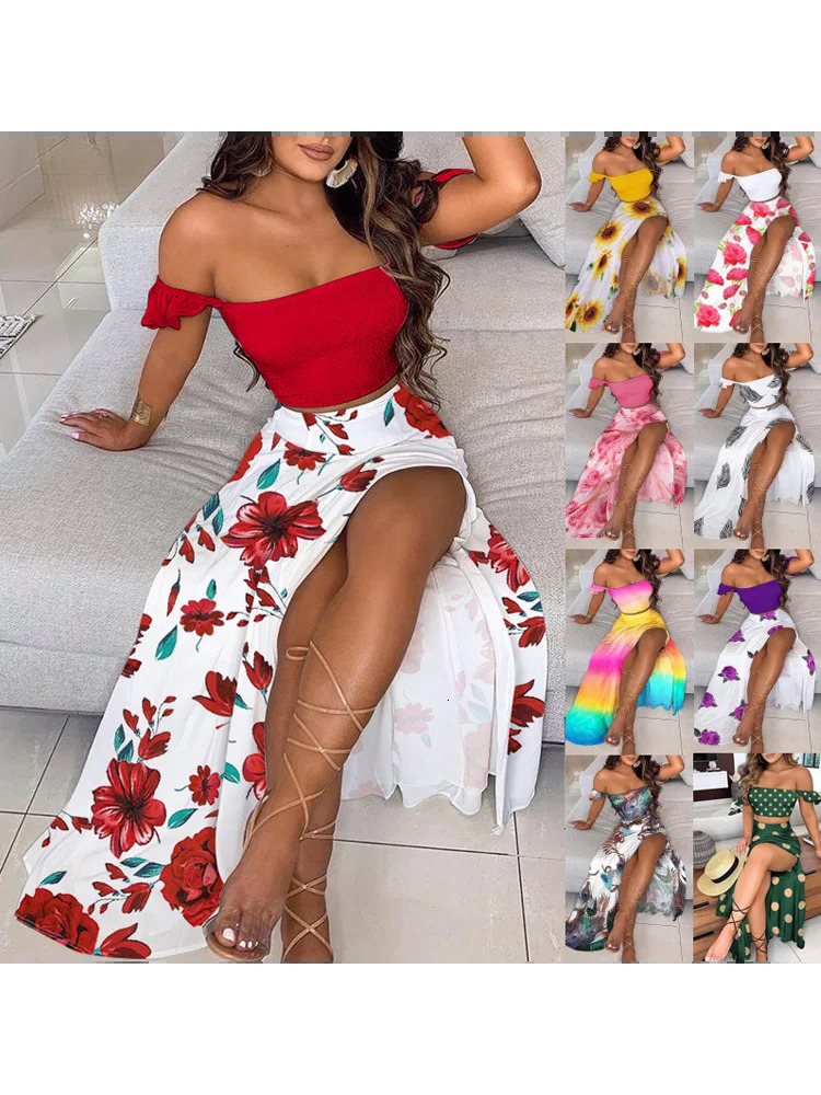 Summer European and American Slim Fit French Bohemian Print Mid Length Dress Womens Retro Bra Set 240329