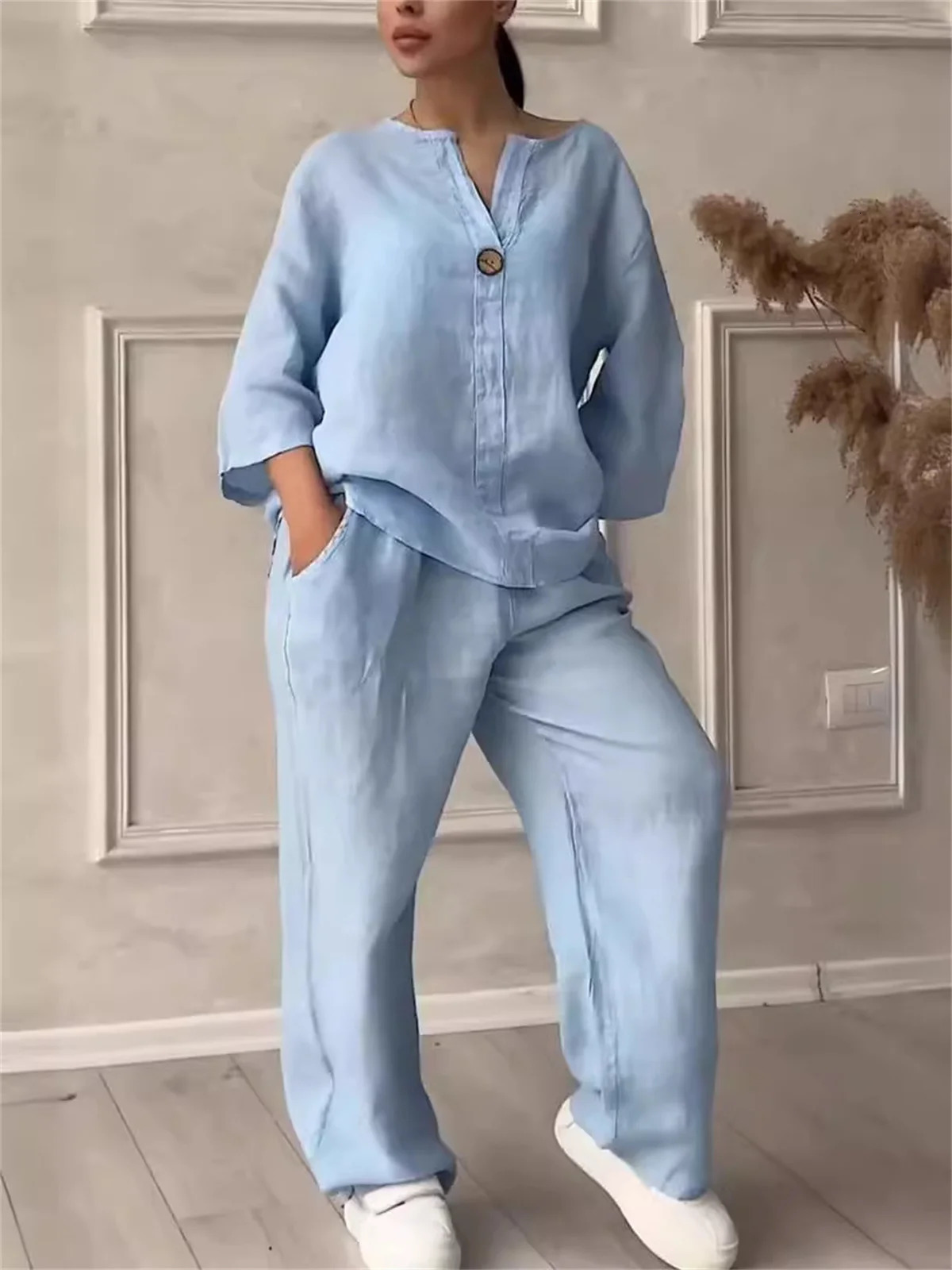 Solid V Neck Loose Suit One Button Long Sleeve Top Wideleg Pant Outfit Comfortable Two piece Set Casual 2PCS 2024 241108