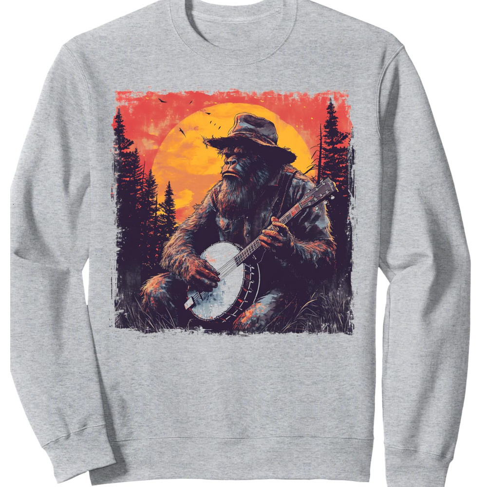 Long Sleeve Shirts for Men sweatshirt Bigfoot Sasquatch Banjo Player Mountain Music Forest Sunset Sweatshirt T shirt Tee Streetwear Casual tops clothe