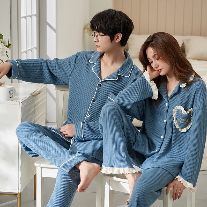 Autumn Winter Mens Waffle Pajama Set Long Sleeve Trousers Plus Size 3XL Loosefit Casual Couple Home Clothes Women Loungewear 241111