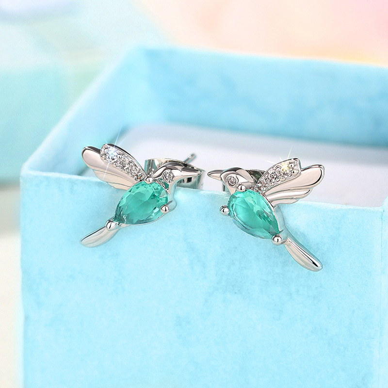 Earrings s925 sterling silver simple hummingbird Stud women light green teardrop-shaped diamond Stud earrings white crystal party Stud luxury jewelry