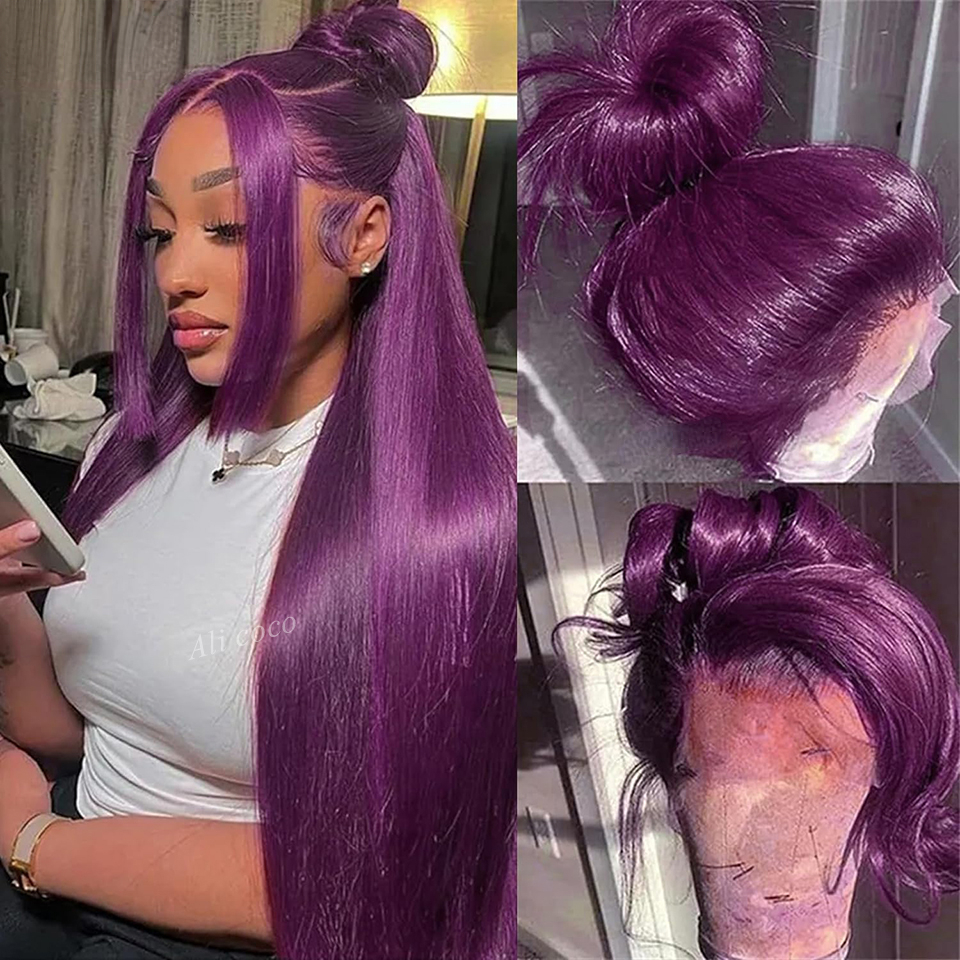 180density 13X4 Lace Frontal Wig Dark Purple Lace Frontal Human Hair Wigs For Woman Pre Plucked Straight Colored Lace Front Wigs