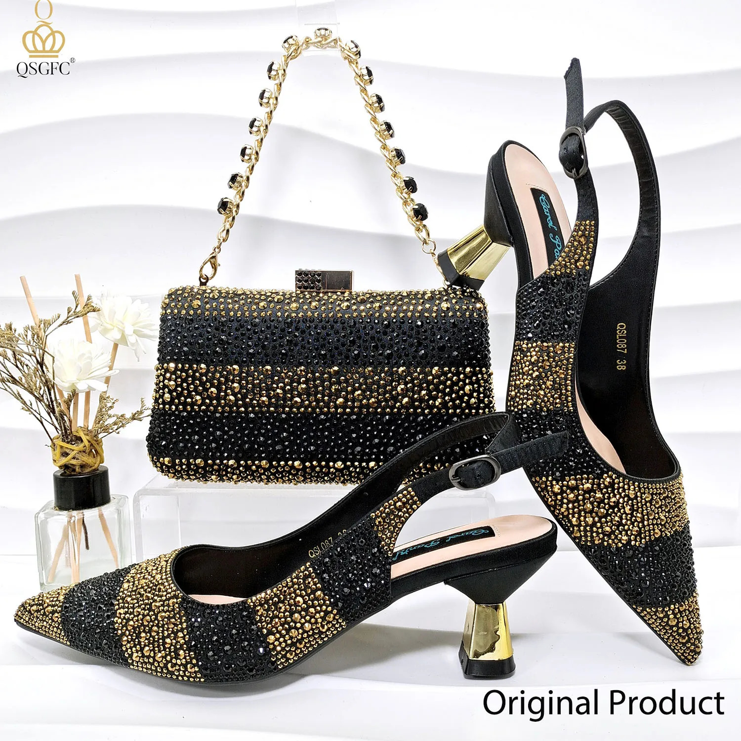 QSGFC Ladies High Quality Womens Pumps And Italian Fashion Black Gold Color Bag For Nigeria Wedding Party 241111