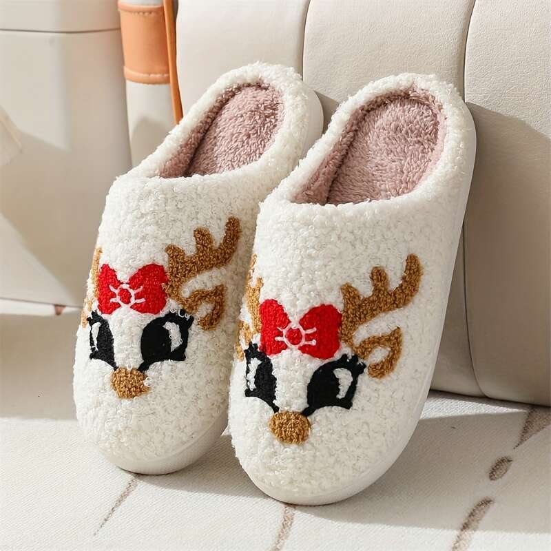 Christmas Cozy Cartoon Reindeer Plush Slippers Women - Cute, Warm & Non-Slip Indoor Shoes for Winter