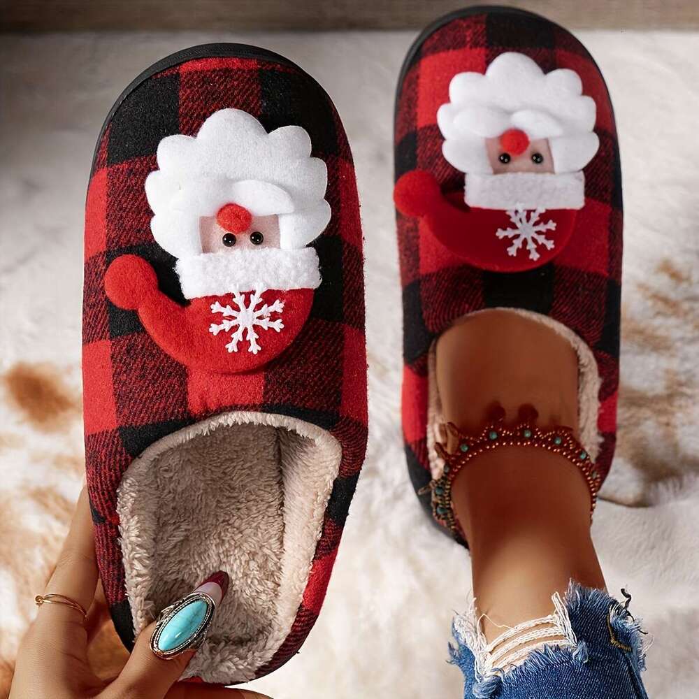 Christmas Christmas Plaid Slippers Women - Cozy Casual Fabric House Shoes with Soft Warm TPR Sole, Non-Slip, Hand Washable, Plush Interior, Unisex for