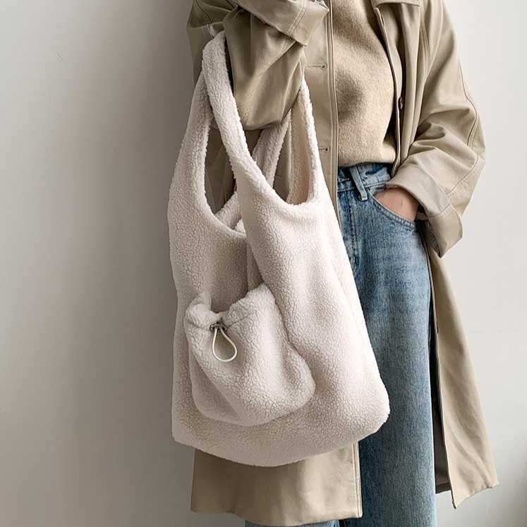 Lamb Fleece Shoulder Bag, Women's Versatile Large Capacity Autumn/Winter Cute Plush Tote Bag, Lazy Style Shopping Bag 241115
