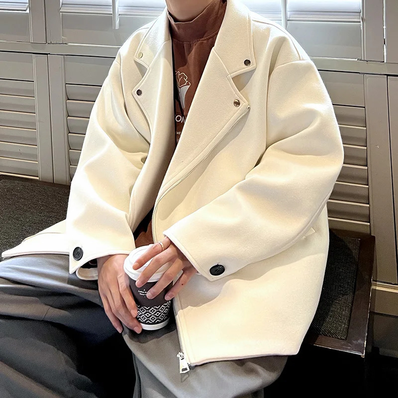 Winter Thickened Short Woolen Coat Men Warm Casual Zipper Woolen Jacket Men Korean Loose Thick Woolen Coat Mens Jackets Coat 241111