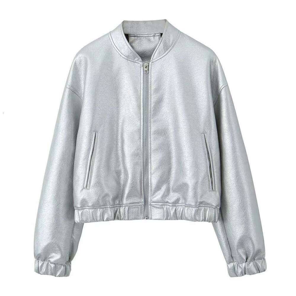shanshi leather jacket women Spring New Metal Silver Short Leather Jacket for Women