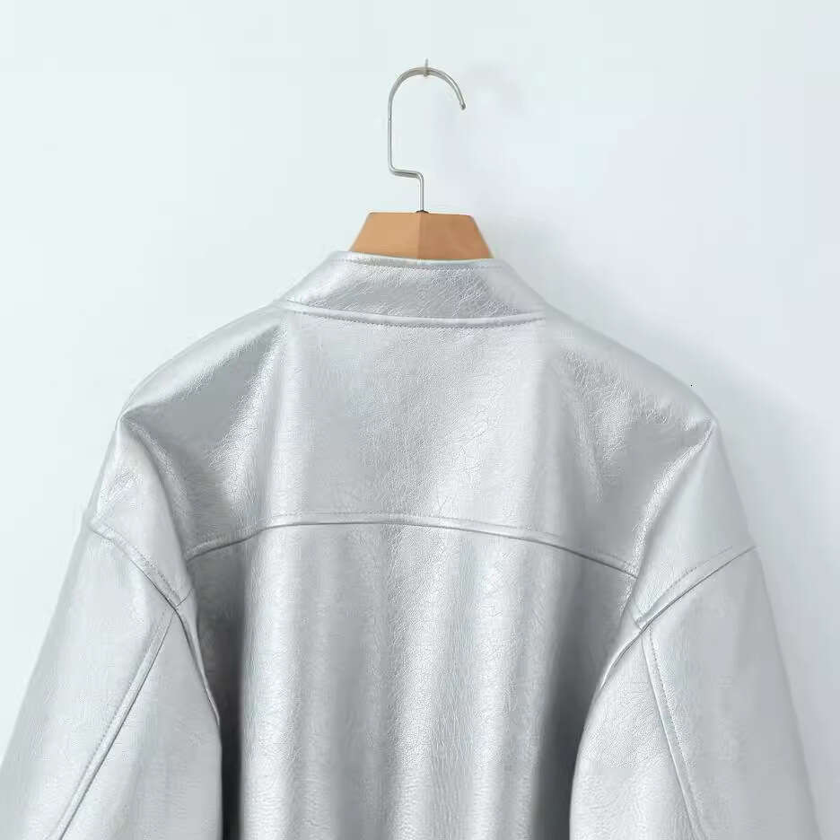 shanshi leather jacket women Spring New Metal Silver Short Leather Jacket for Women