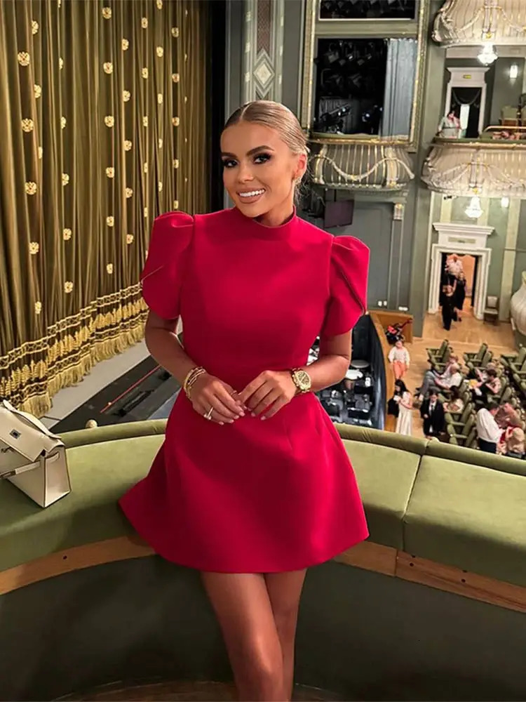 Fashionable red half neck backless womens mini dress elegant pearl bow single chest vest party womens dress 241107