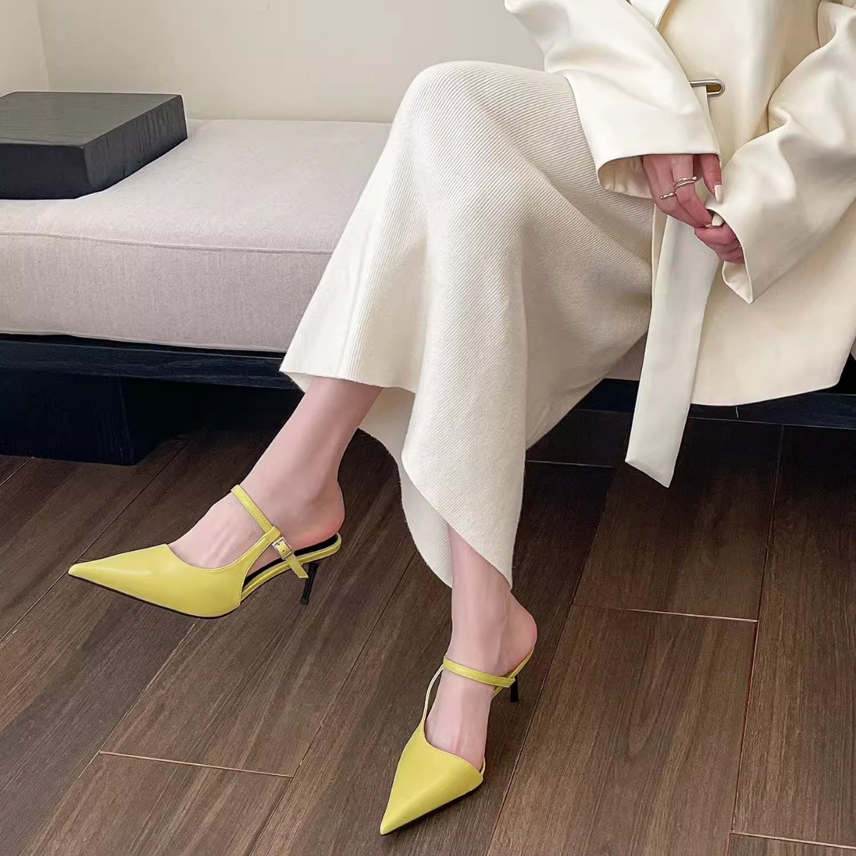 Simple Design Gentle Style Point Toe High Heel Sandals: Versatile Outside Wear (Black/Beige/Yellow/Orange) 6f82