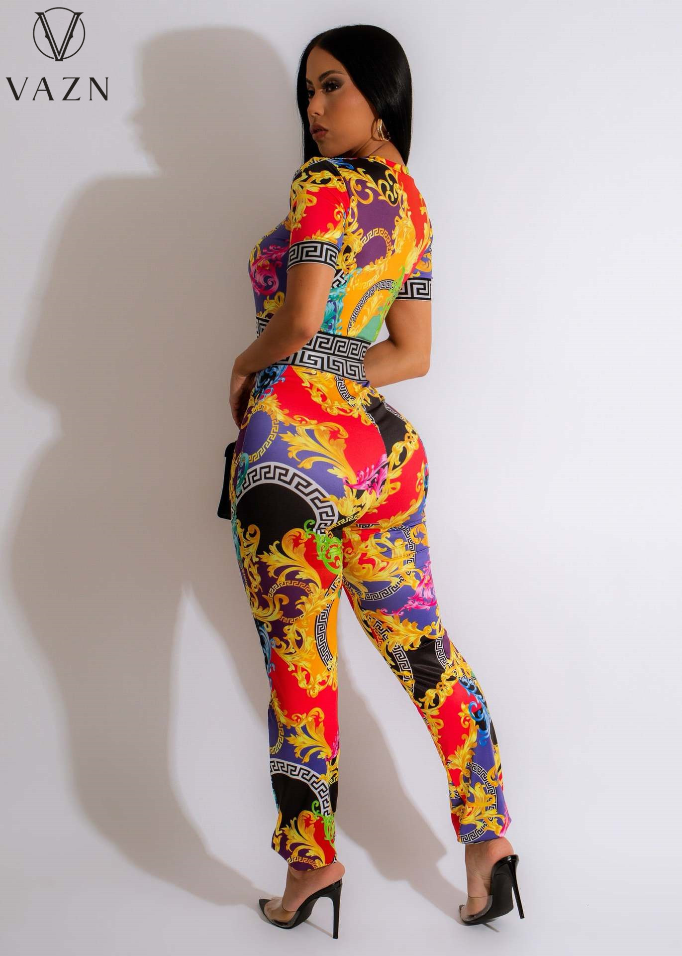 VAZN 2023 Women Street Girl Style Sets New Short Sleeve Round Neck Short Top Elastic Long Pants Printed Lady 2 Piece Set