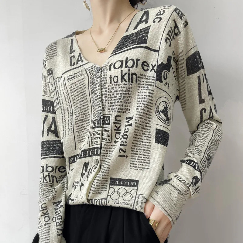 VNeck Knitted Cardigan Women Loose Short Letter Sweater Printed Bright Silk Fine Wool Thin Coat XZ hua bao 241111