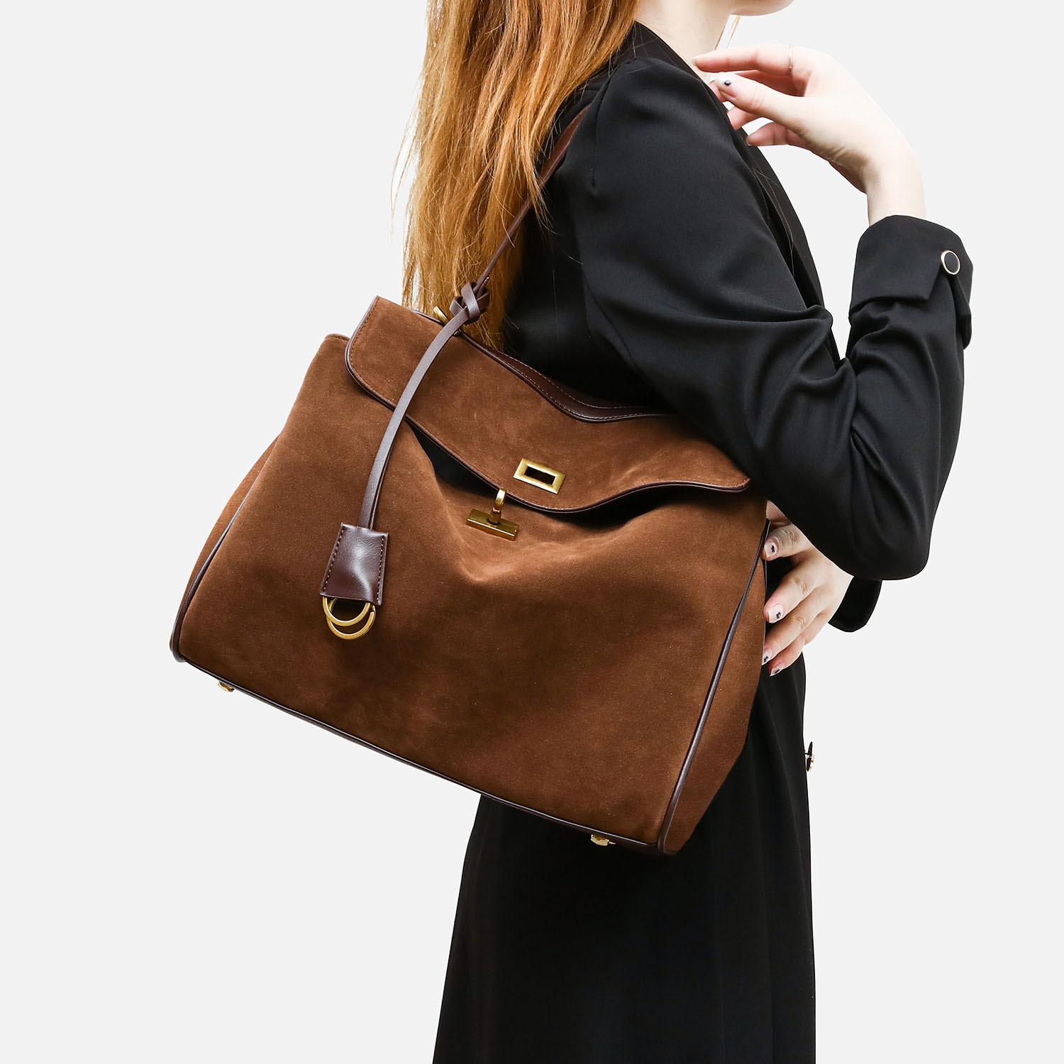 Exact Replicas Bags Brands Boston Suede Shoulder Bag For Women Brown Fashion Female Real Leather Buckle Handbags Zipper Style