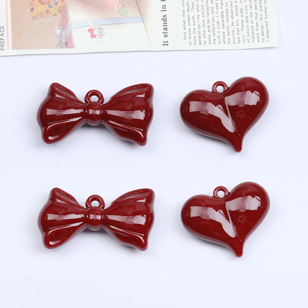 Cordial 50Pcs DIY Acrylic Pendant/Handmade/Jewelry Discovery and Components/Bow Knots and Hearts/Red/Charm #17371 241108
