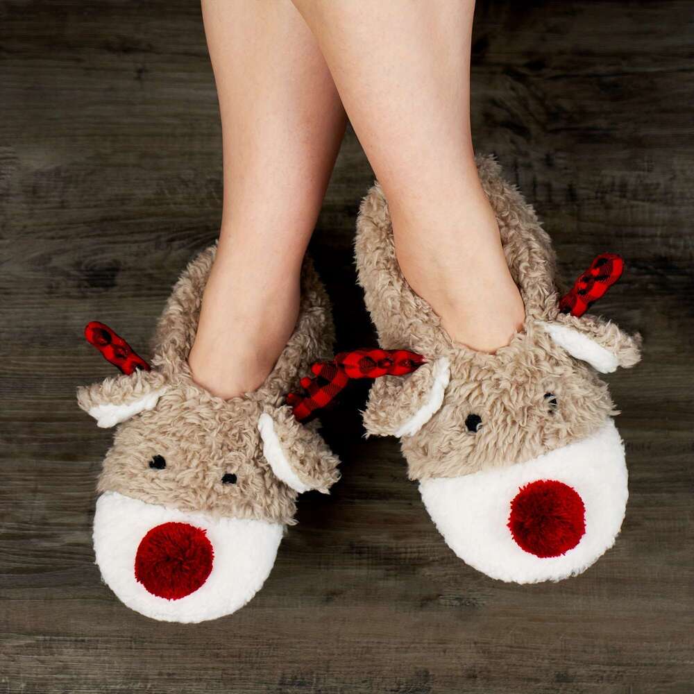 Christmas Comfortable Plush ed Cute Reindeer Design Slippers, Casual Slip On Shoes for Indoor Home Christmas