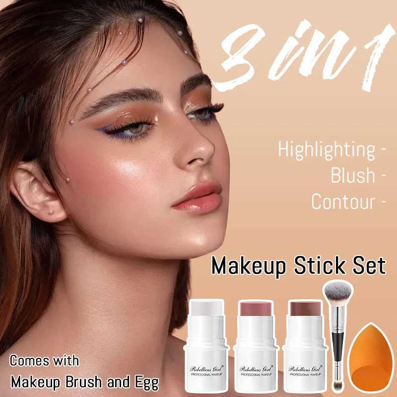 Blush Contour Highlighter Stick for Cheeks Eyes Lip Lightweight Dewy Finish Blush Stick Contour Natural Blusher Stick Makeup SetXJ241111