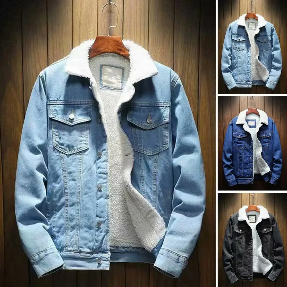 Mens denim jacket with thick cashmere lining solid color cold resistant jacket winter single chest denim jacket 241108