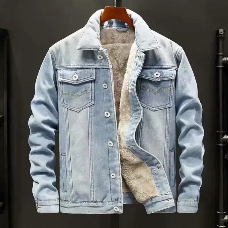 Mens denim jacket loose fit trend warm work top autumn/winter wool lining thick casual trend jacket 241108