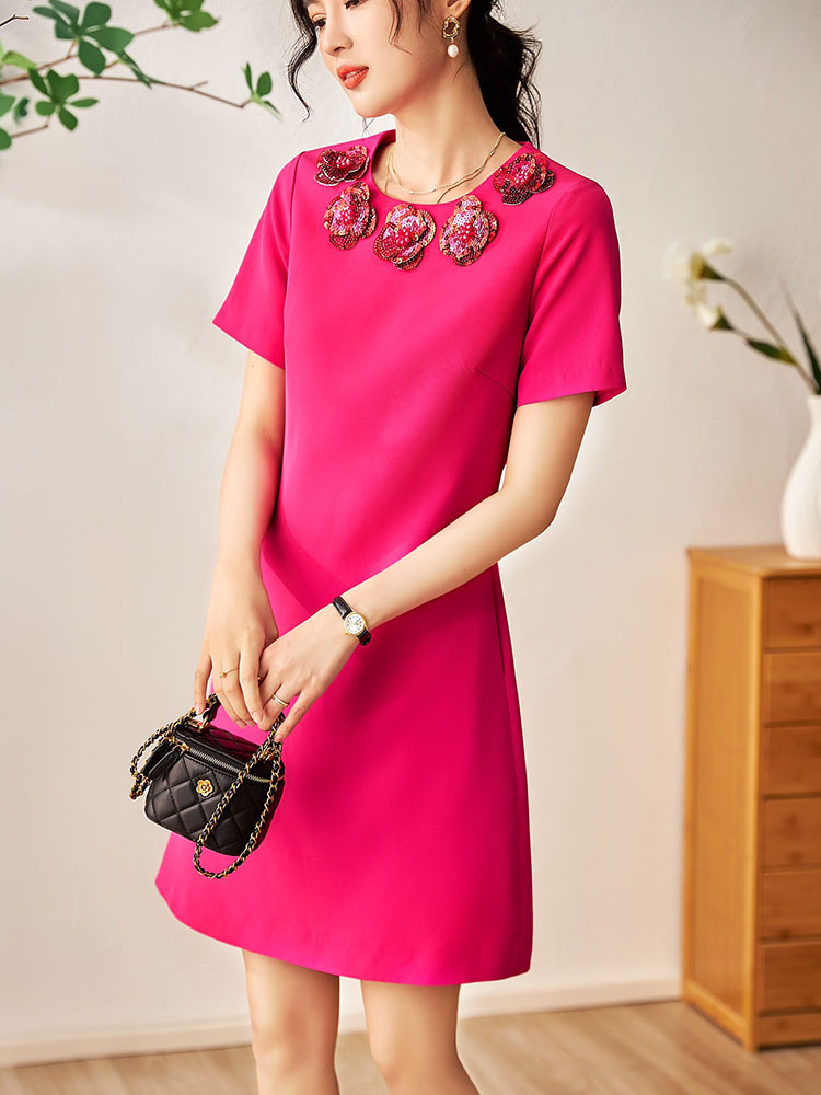 ZJYT Runway Designer Summer Dresses for Women Sequined Floral Party Short Sleeve Simple Vestidos De Fiesta Loose Casual Robe