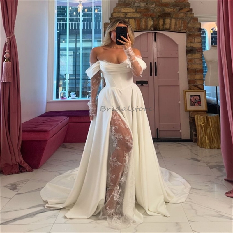 Graceful Plus Size Wedding Dresses A Line Off Shoulders Lace Boho Bridal Gowns Elegant Beach Bohemian Vestio De Novia Civil Country Rustic Robe De Mar