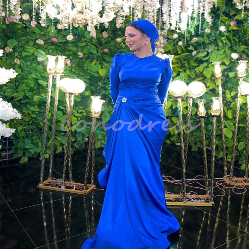 Beautiful Royal Blue Arabic Evening Dresses With Beaded Elegant Muslim Long Sleeve Prom Dress Formal Occasion Dinner Party Gowns Robe De Soiree