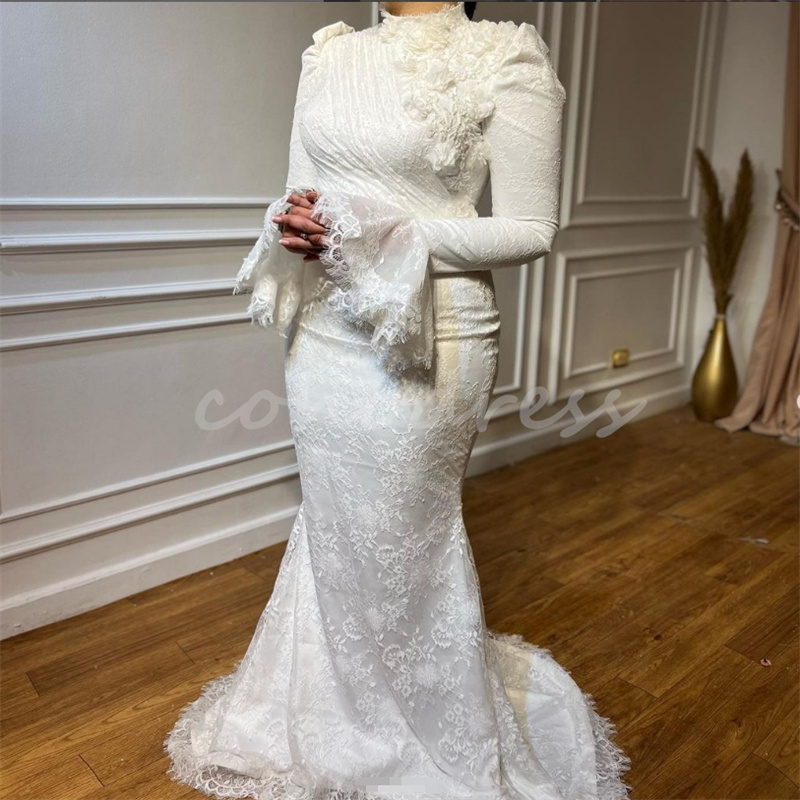 Plus Size Arabic Muslim Wedding Dresses Elegant Long Sleeve Lace Mermaid Bride Dress With Floral Dubai High Neck Islamic Bridal Gowns Robe De Mariee v