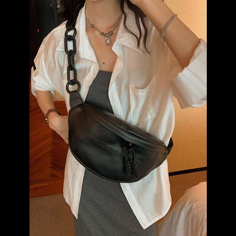 Fashion Trendy Letter Pattern Fanny Pack Crossbody PU Leather Chest Bag with Chain Strap for Street Wear, Casual Day Outings, Music Festivals - Stylis