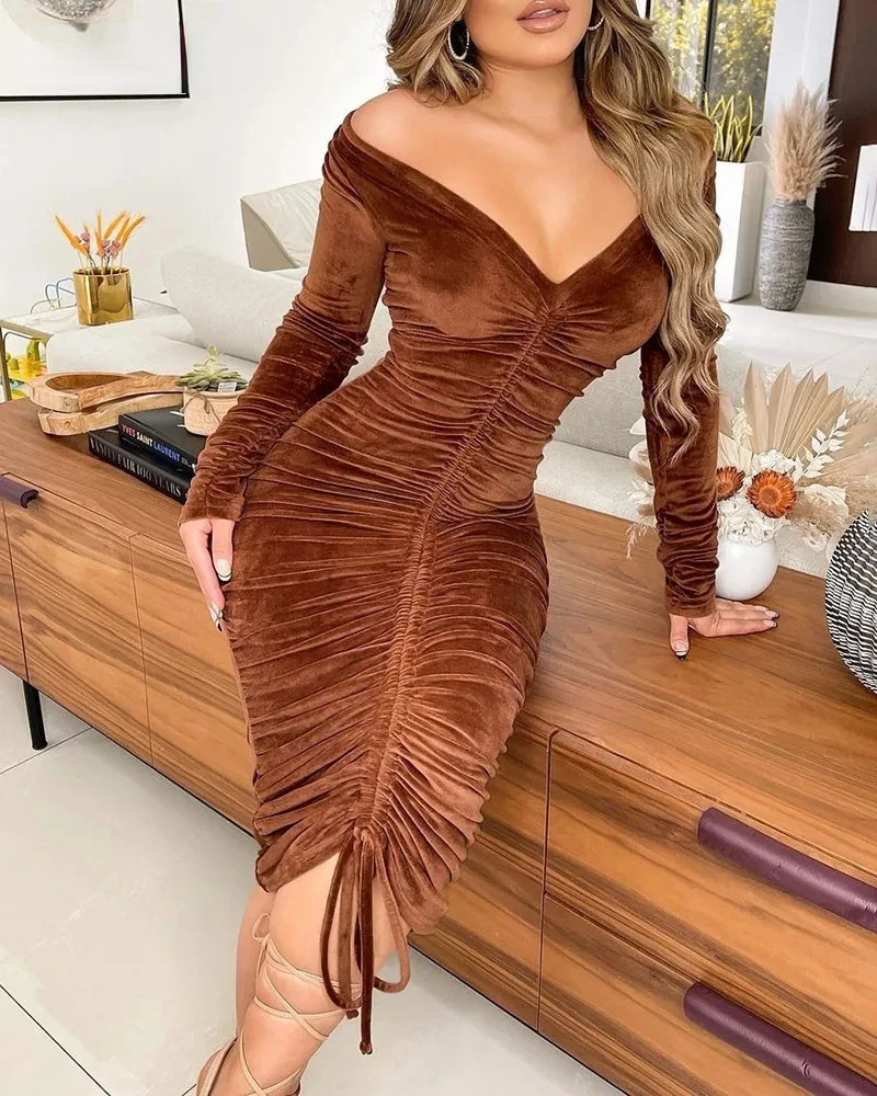 BWQ Women Velvet Drawstring Ruched Up Off Shoulder Long Sleeve Bodycon Midi Dress Sexy Party Club Night Pencil Dresses 241111