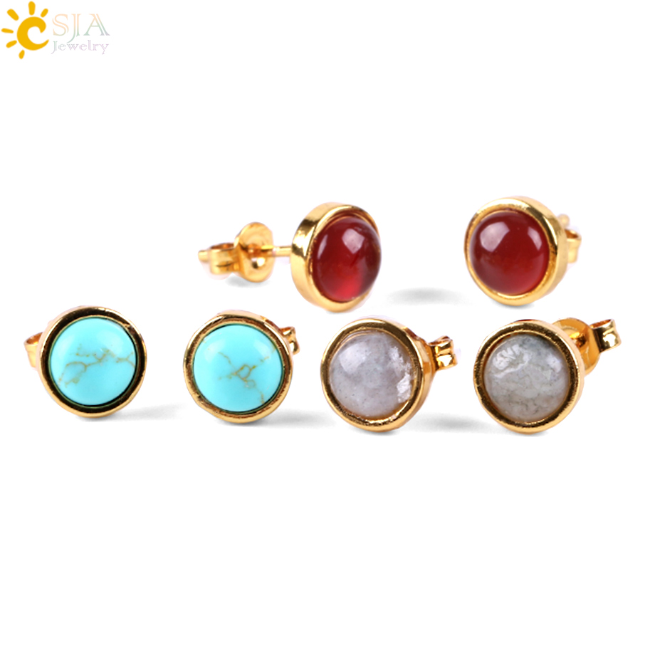 CSJA Cute Tiny Round Stud Earrings for Women Gold Color Ear Piercing Natural Gem Stone Bead Onyx Black Crystal Earring E596